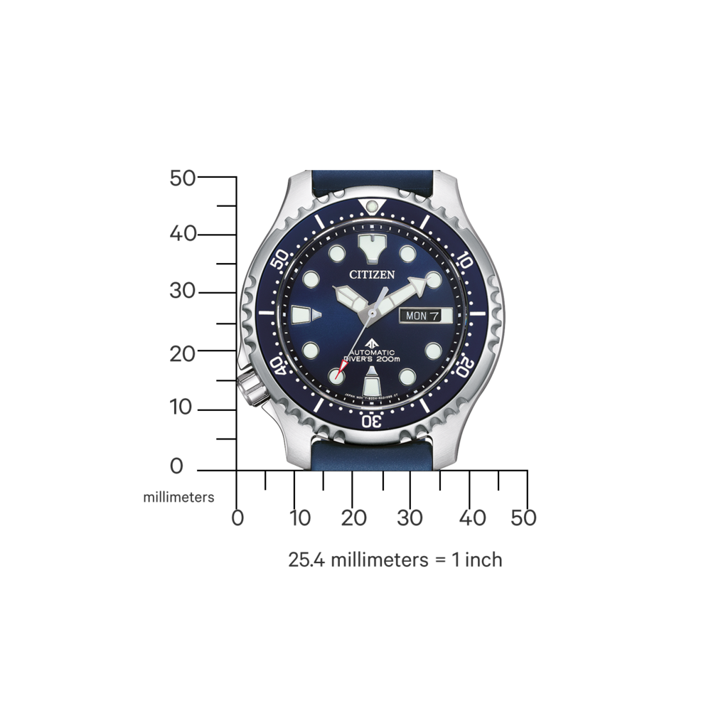 Citizen horloge met blauwe wijzerplaat en band, meetschaal in millimeters.