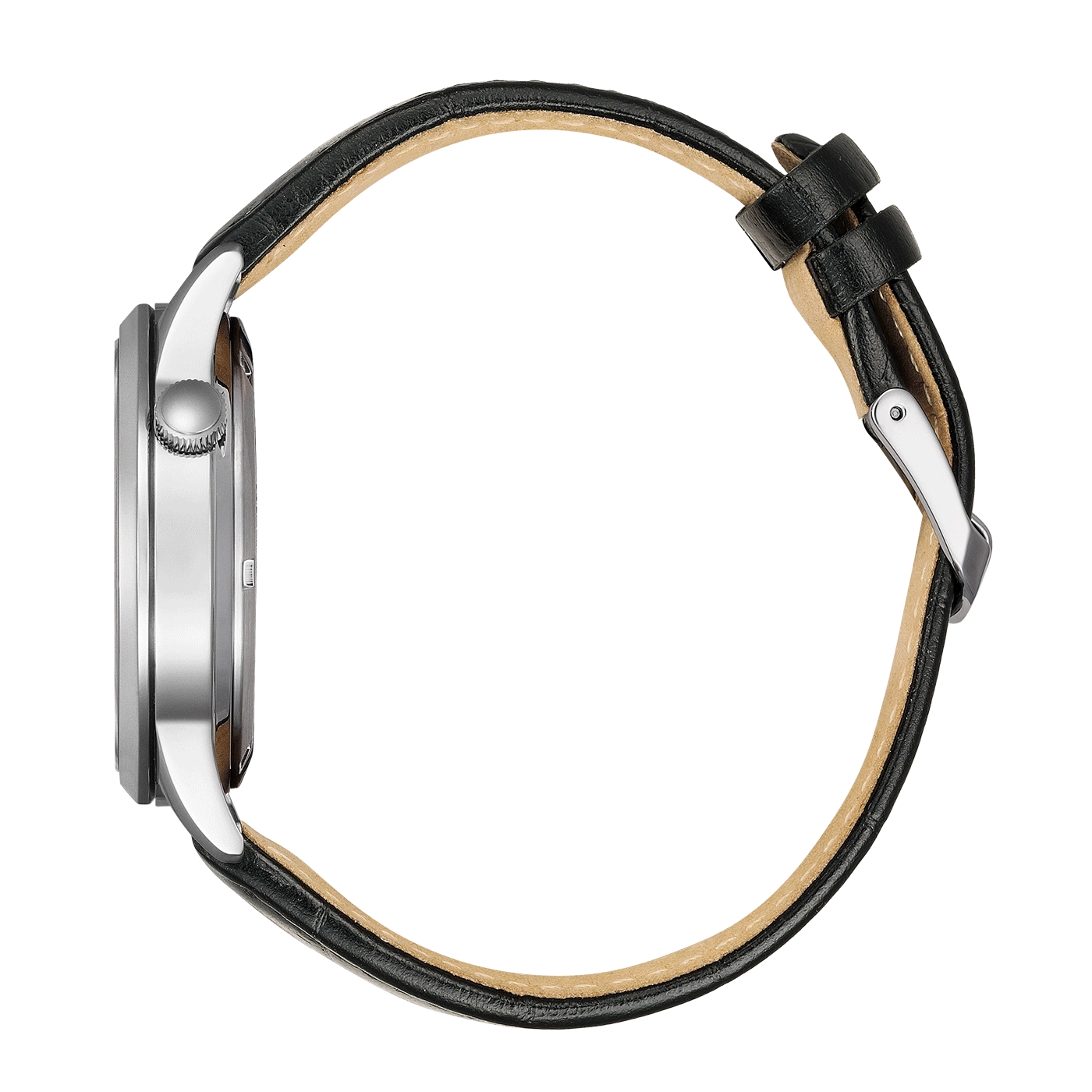 Zijaanzicht van een zilveren horloge met een zwarte leren band.