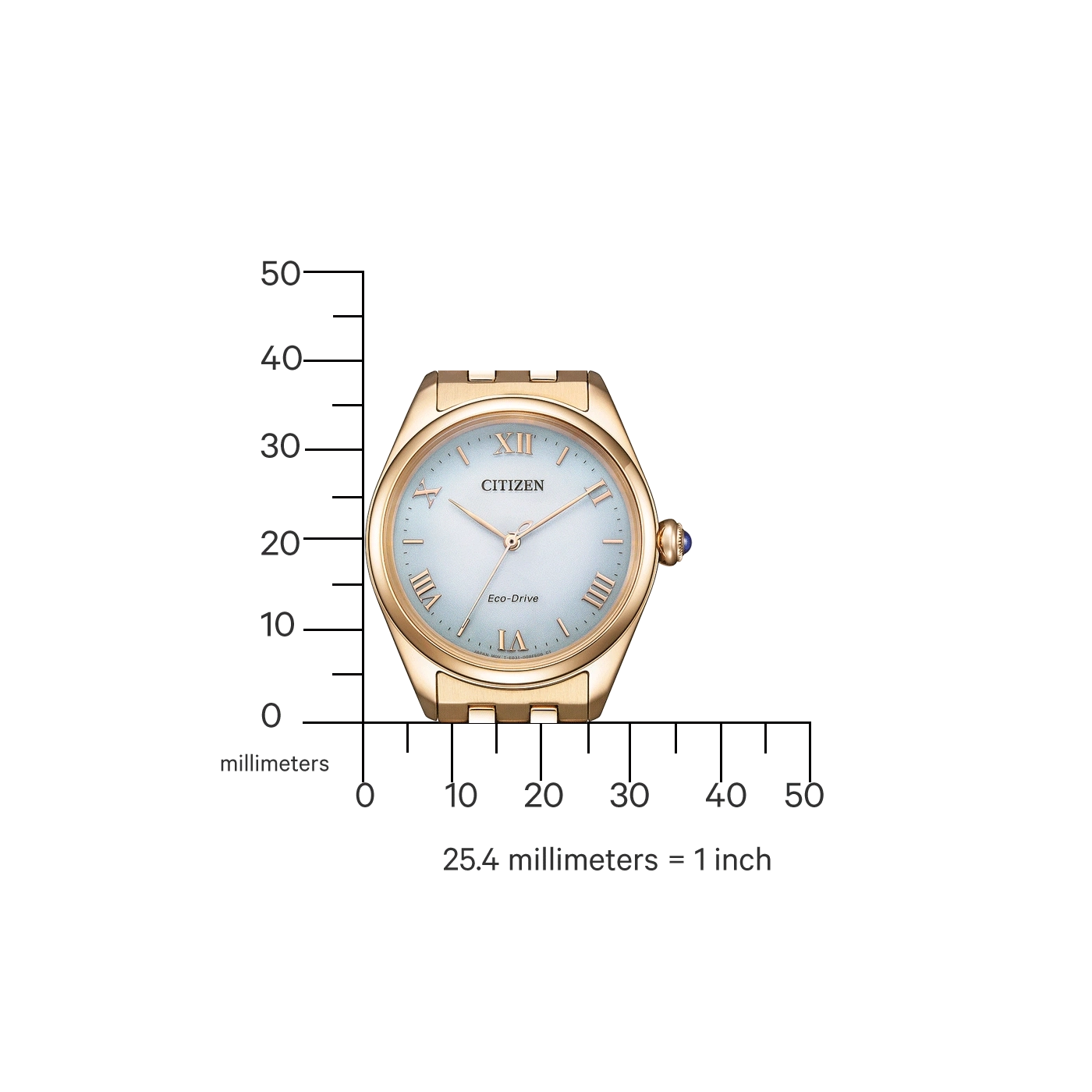 Citizen horloge met gouden band, lichtblauwe wijzerplaat en Romeinse cijfers, met een millimeterschaal.