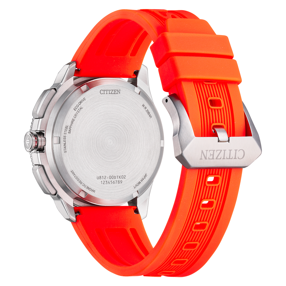 Achterkant van een Citizen Eco-Drive horloge met oranje band en zilveren kast.