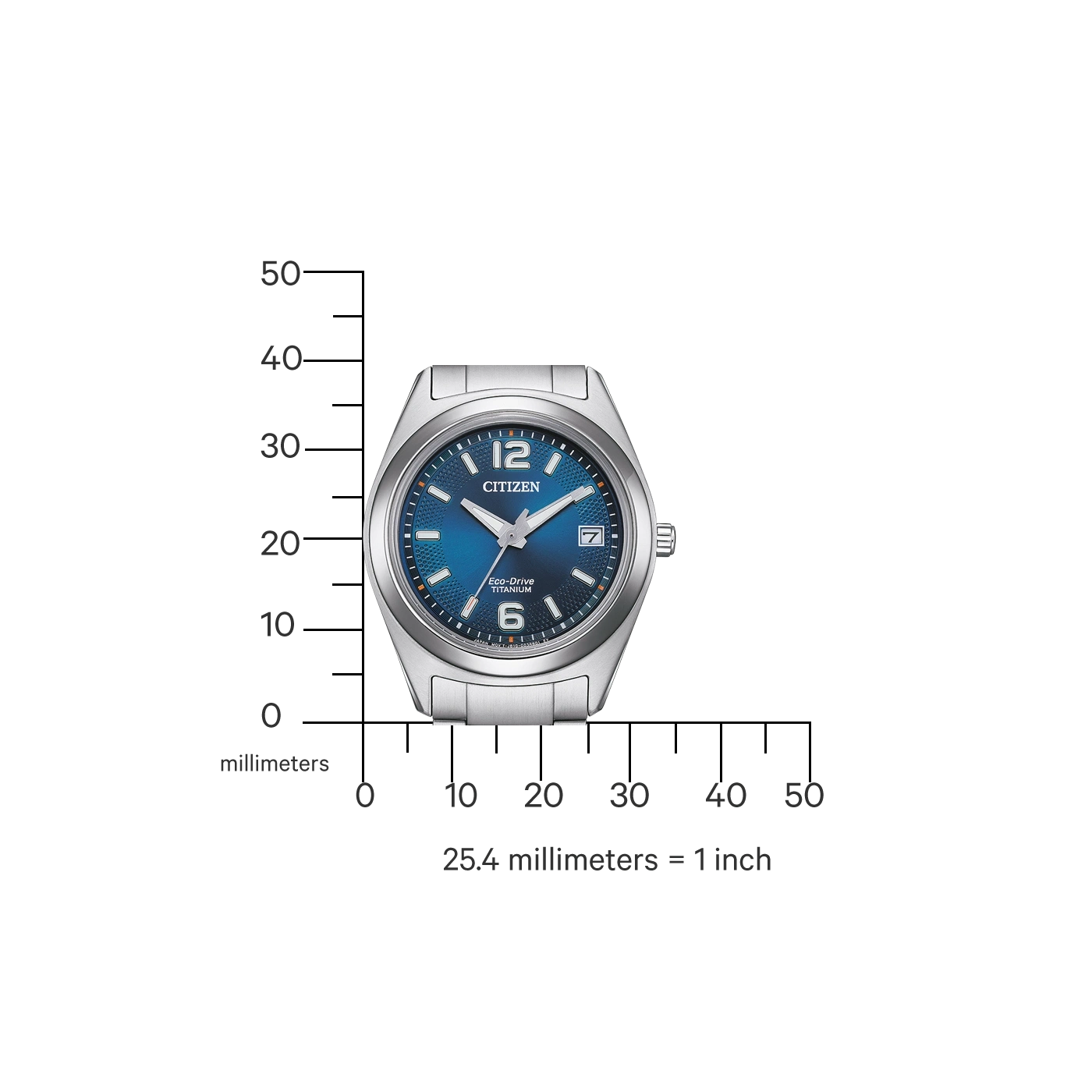 Citizen horloge met blauwe wijzerplaat, titanium, Eco-Drive en millimeterschaal.