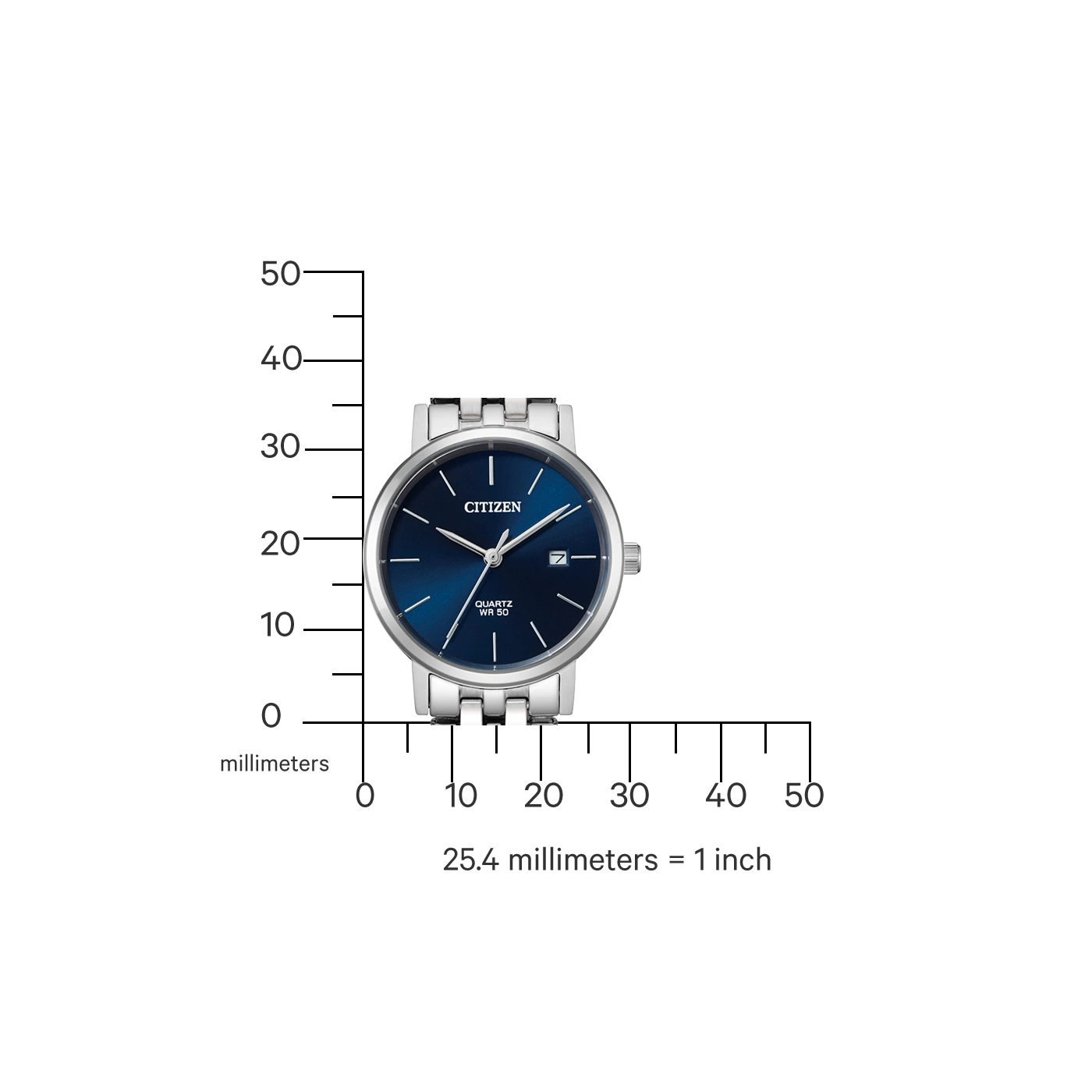 Citizen horloge met blauwe wijzerplaat en zilveren band, meetschaal in millimeters.