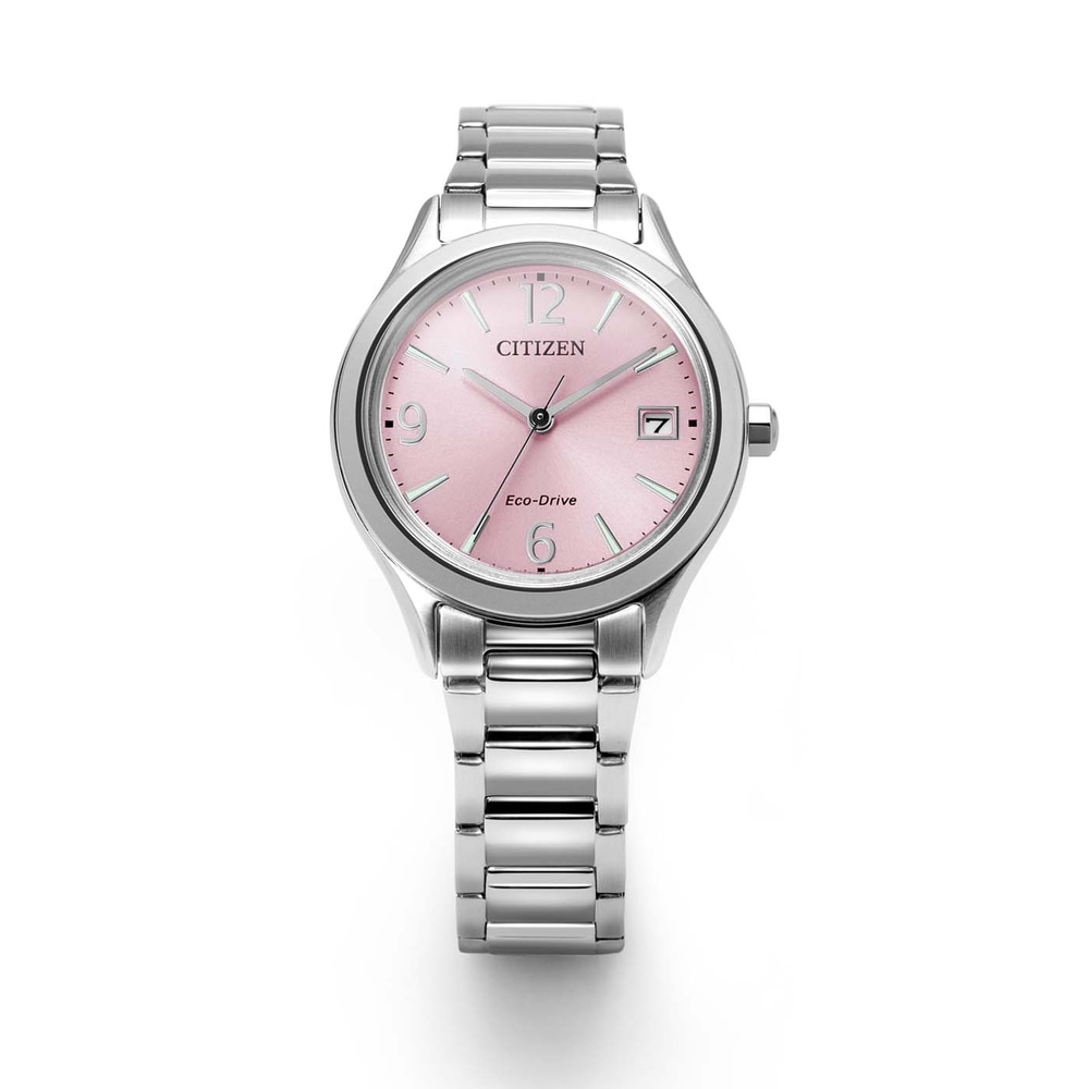Een zilveren Citizen Eco-Drive horloge met een roze wijzerplaat en zilveren band.