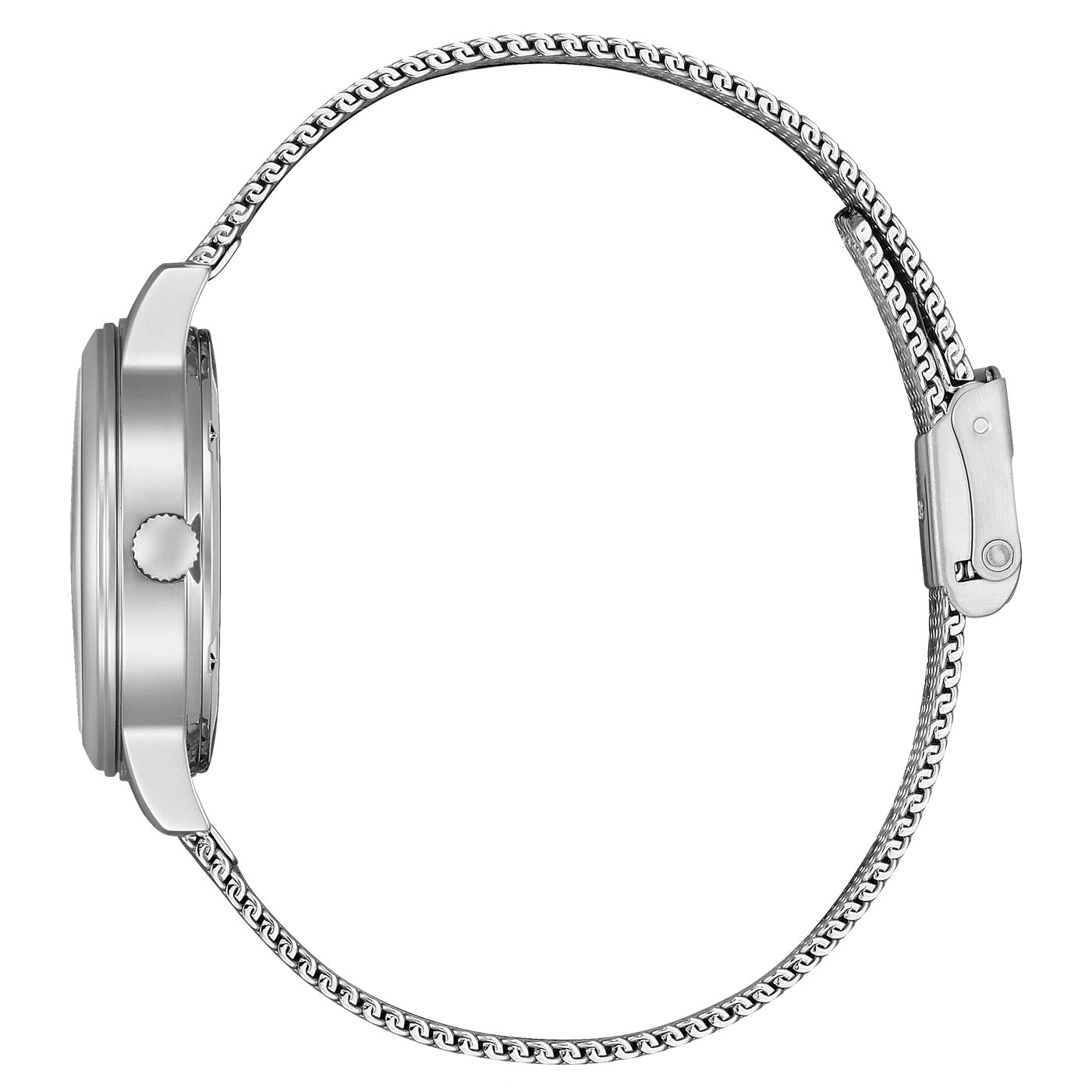 Zilveren horloge met mesh band, zijaanzicht, elegant design, moderne stijl