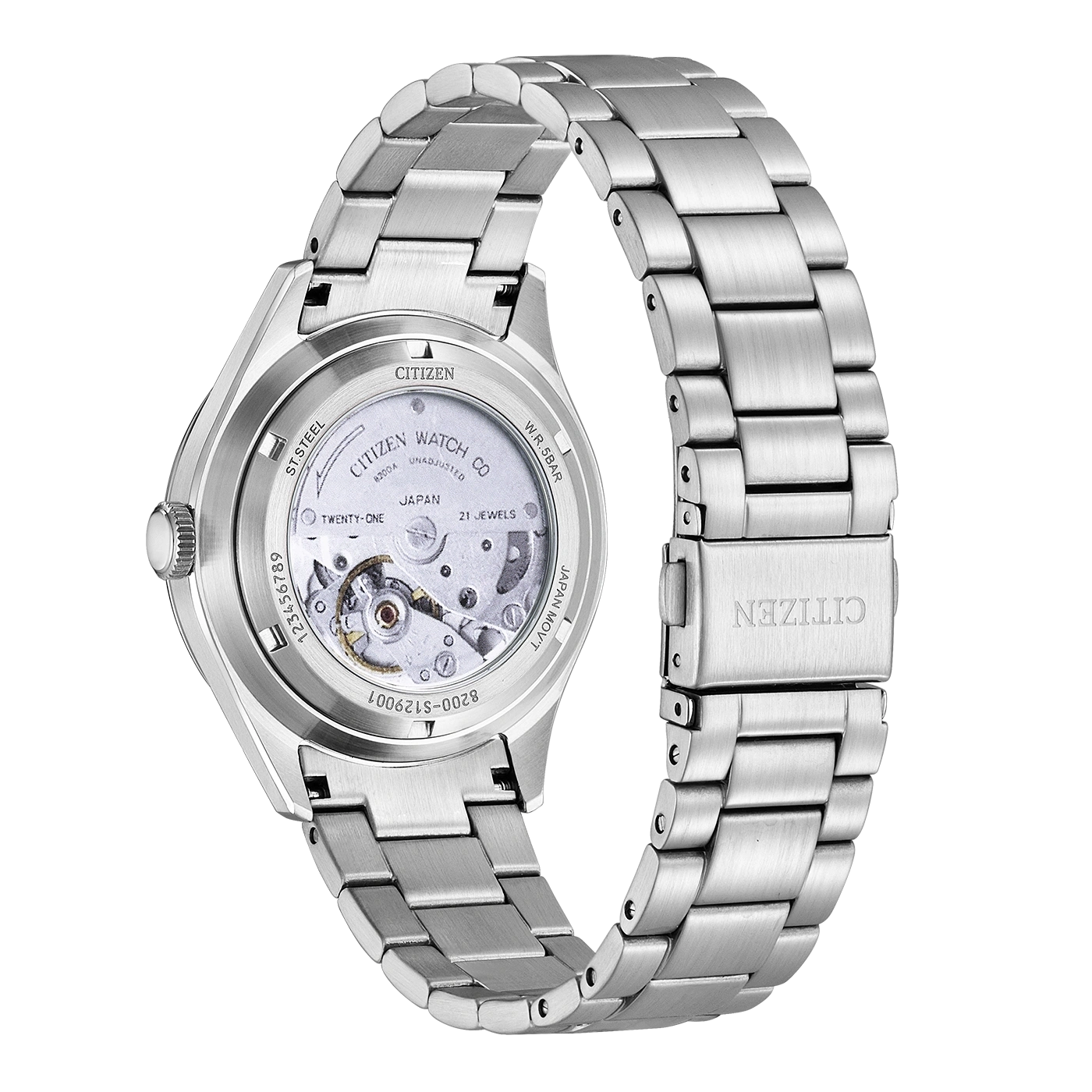 Citizen horloge achterkant met zichtbaar uurwerk en roestvrijstalen band