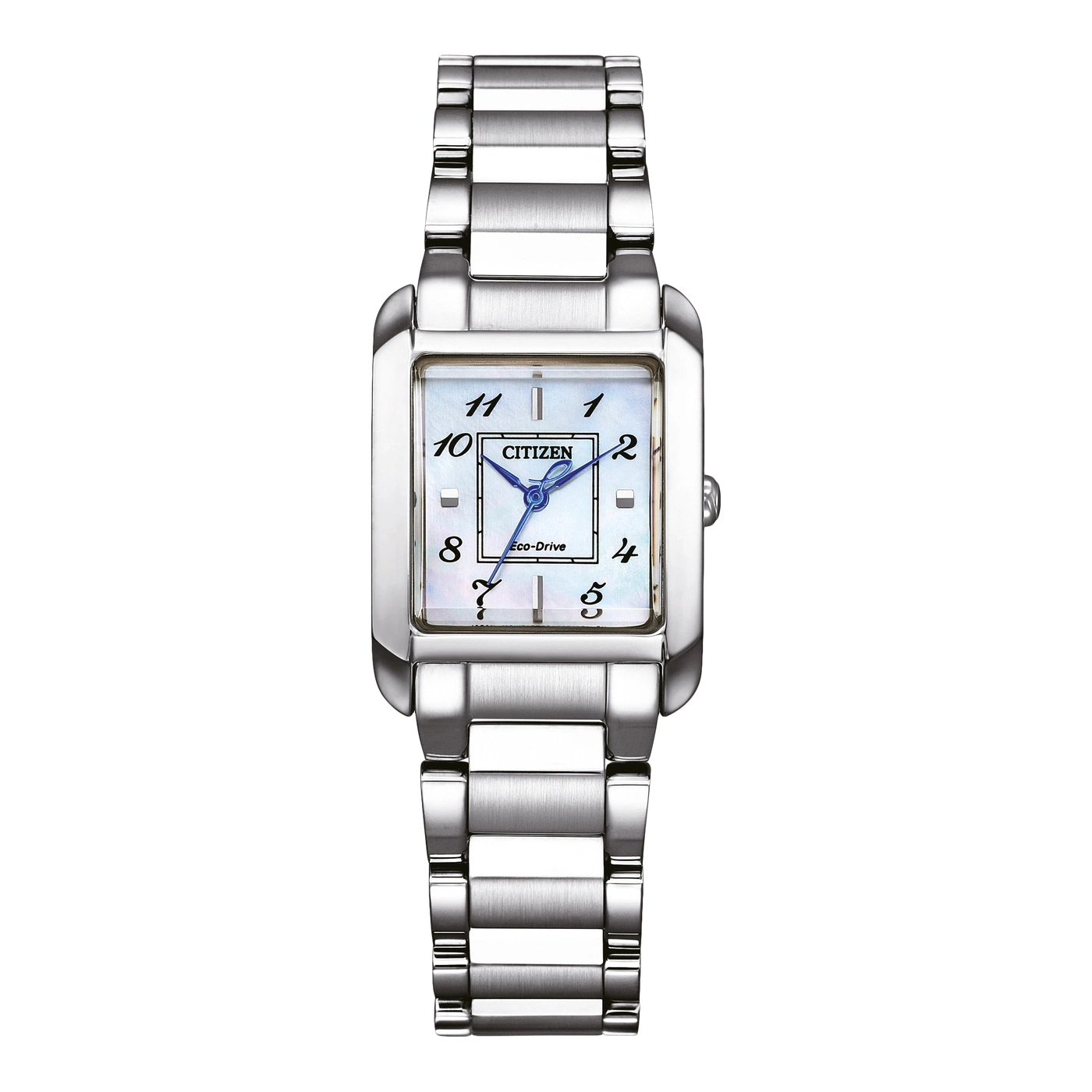 Citizen horloge met rechthoekige wijzerplaat en zilveren band, Eco-Drive technologie.