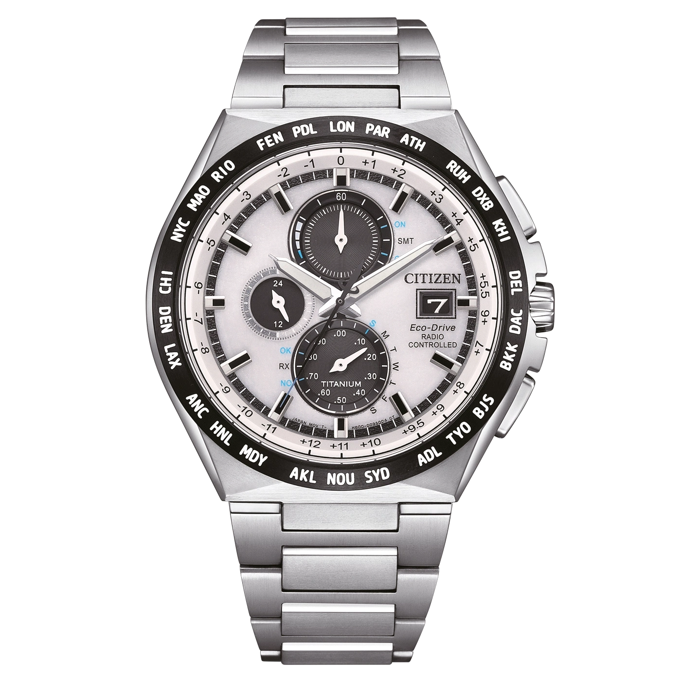 Citizen horloge met zilveren band, zwarte bezel en meerdere wijzerplaten voor tijdzones.
