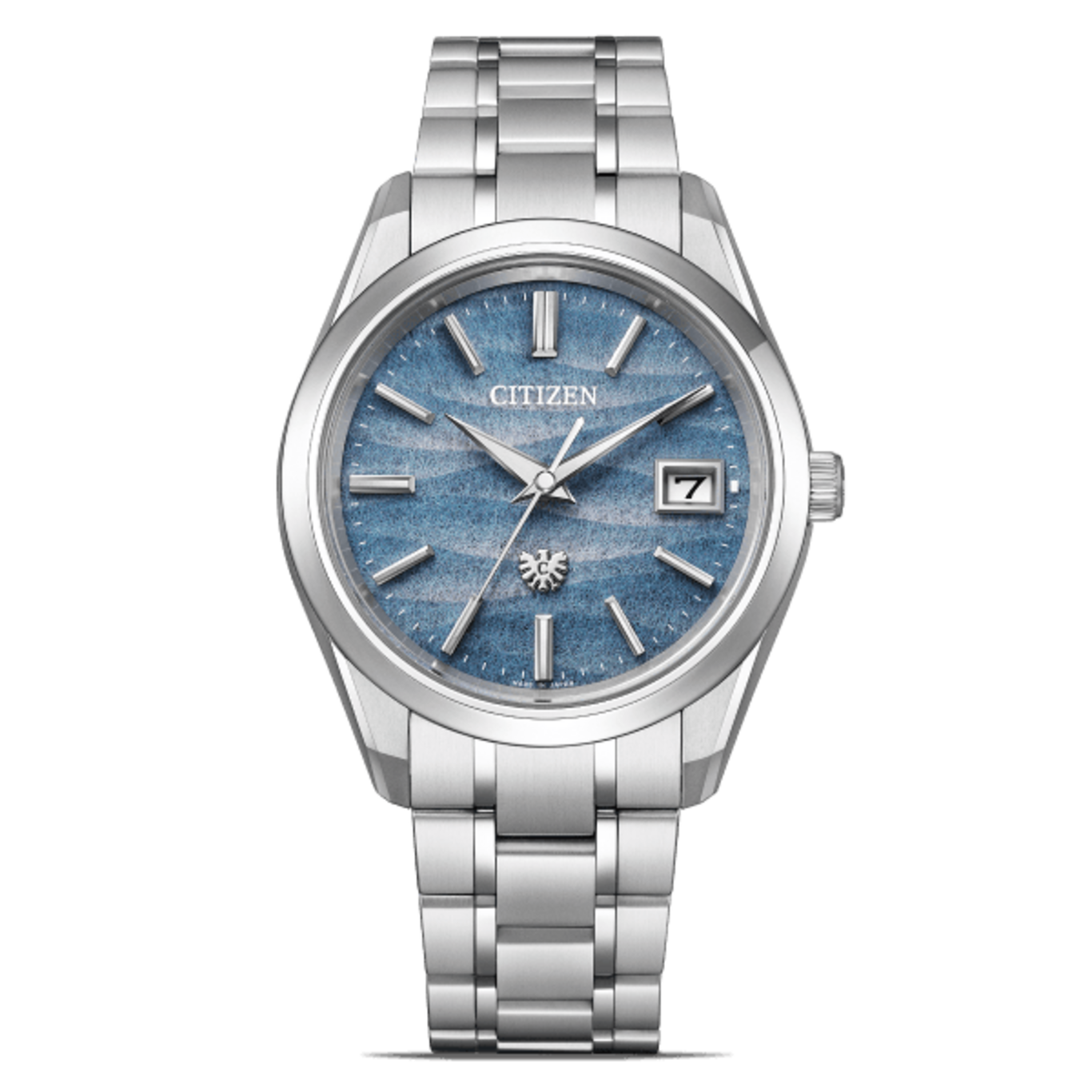 Citizen horloge met blauwe wijzerplaat en zilveren band, elegant design
