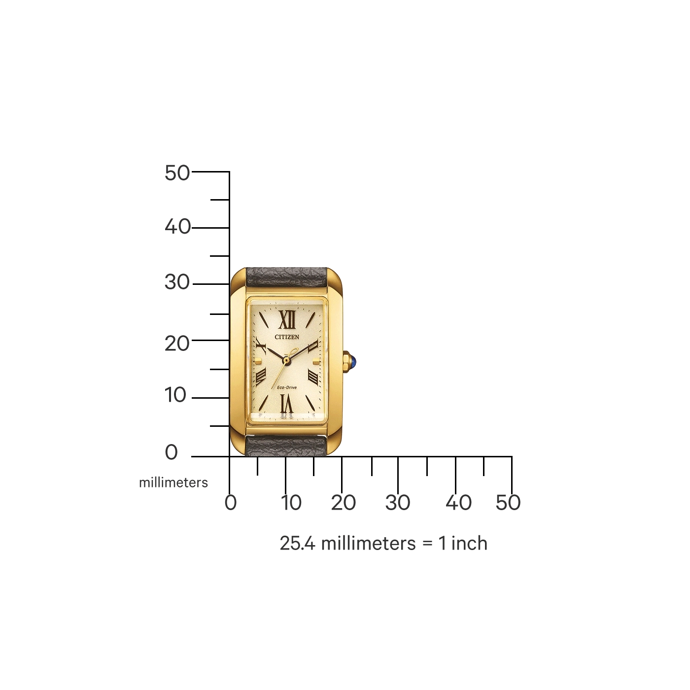 Gouden Citizen horloge met zwarte band, meetschaal en tekst in millimeters en inches.
