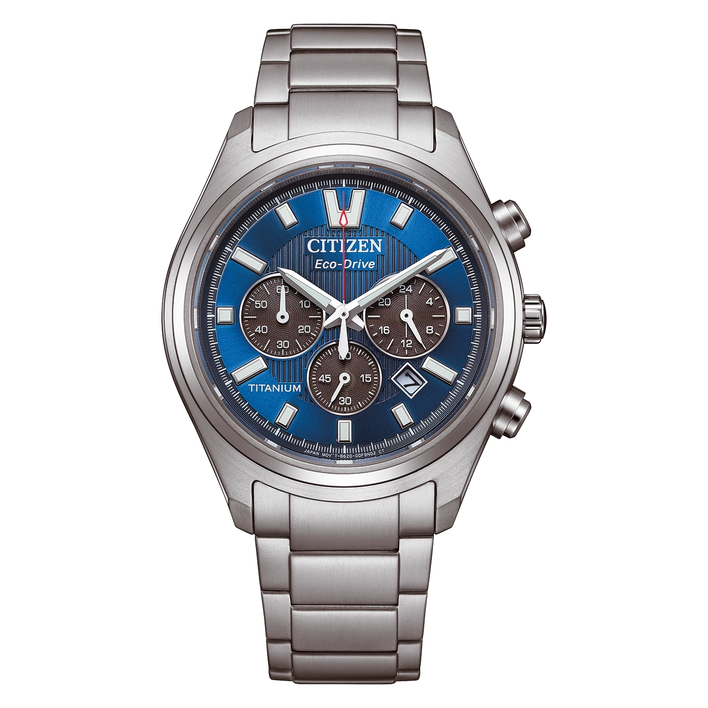 Close-up van een zilveren Citizen Eco-Drive titanium chronograaf horloge met een blauwe wijzerplaat.