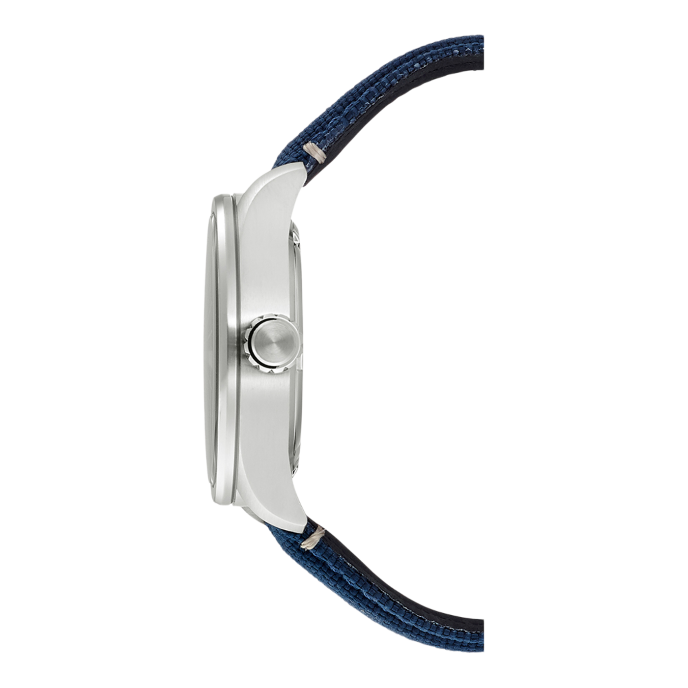 Zijaanzicht van een zilveren horloge met een blauwe stoffen band.