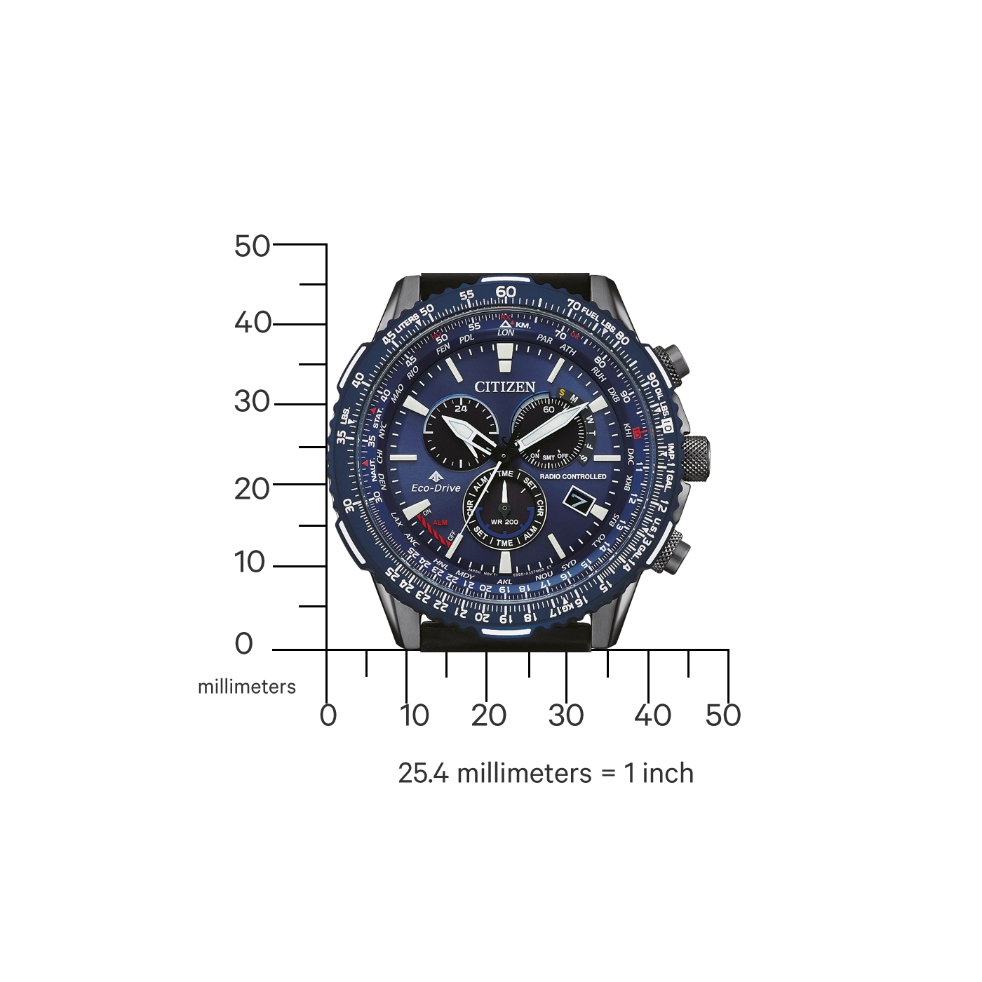 Citizen horloge met blauwe wijzerplaat, toont tijd en maten in millimeters en inches.