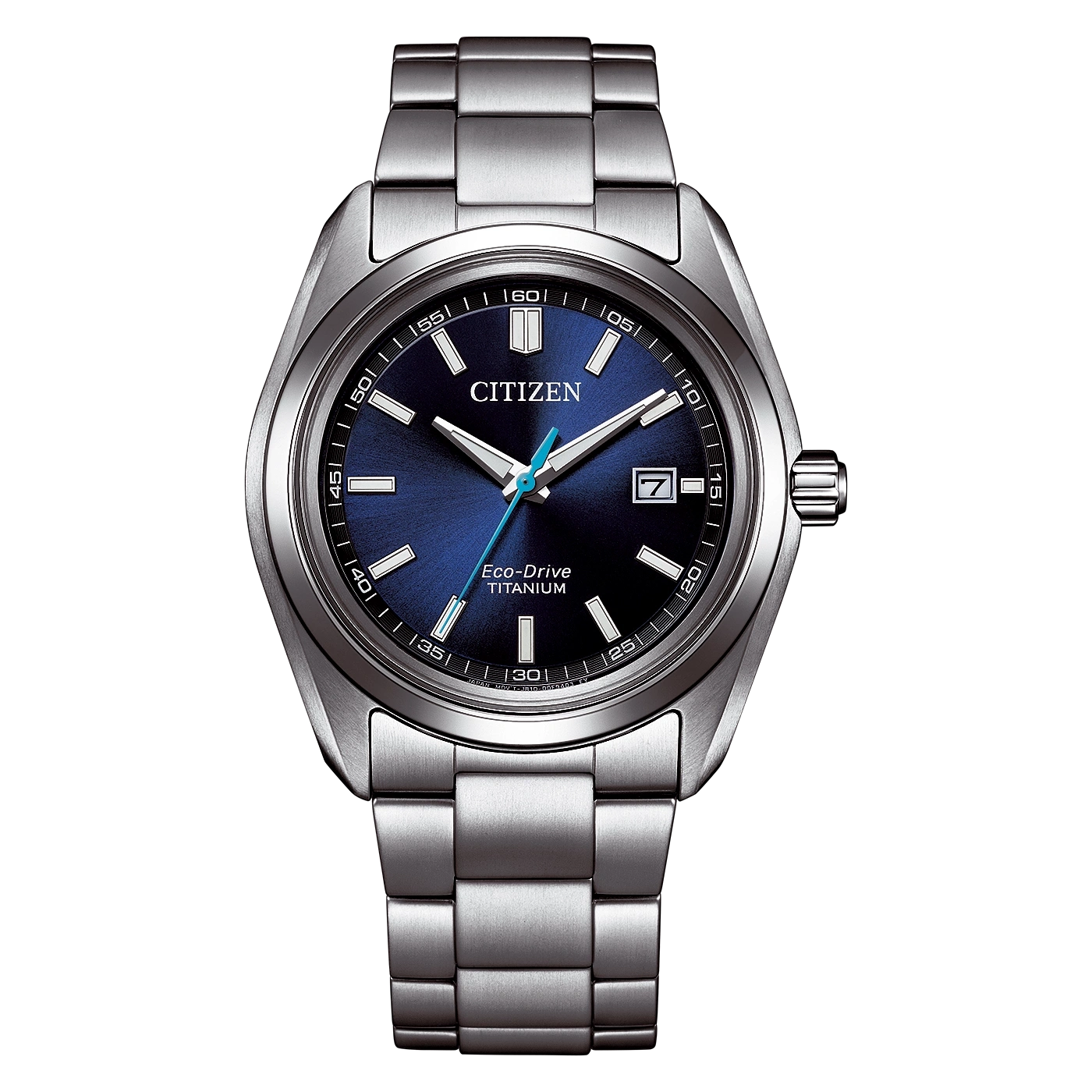 Een zilveren Citizen Eco-Drive titanium horloge met een blauwe wijzerplaat.