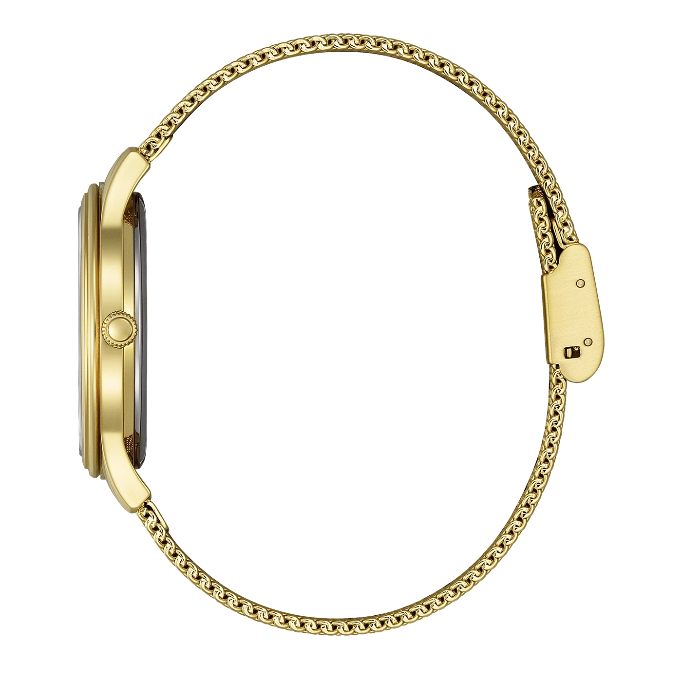 Een gouden horloge met een mesh band wordt van opzij getoond.