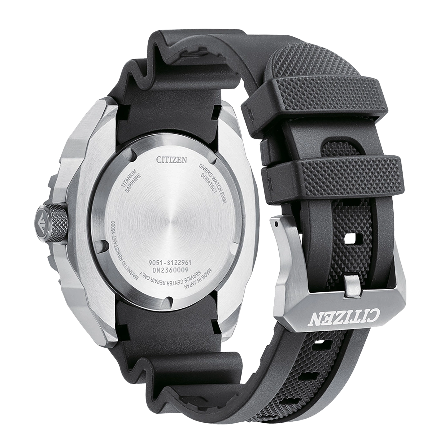 Citizen horloge met zwarte band, titanium saffier, duikershorloge, gemaakt in Japan.