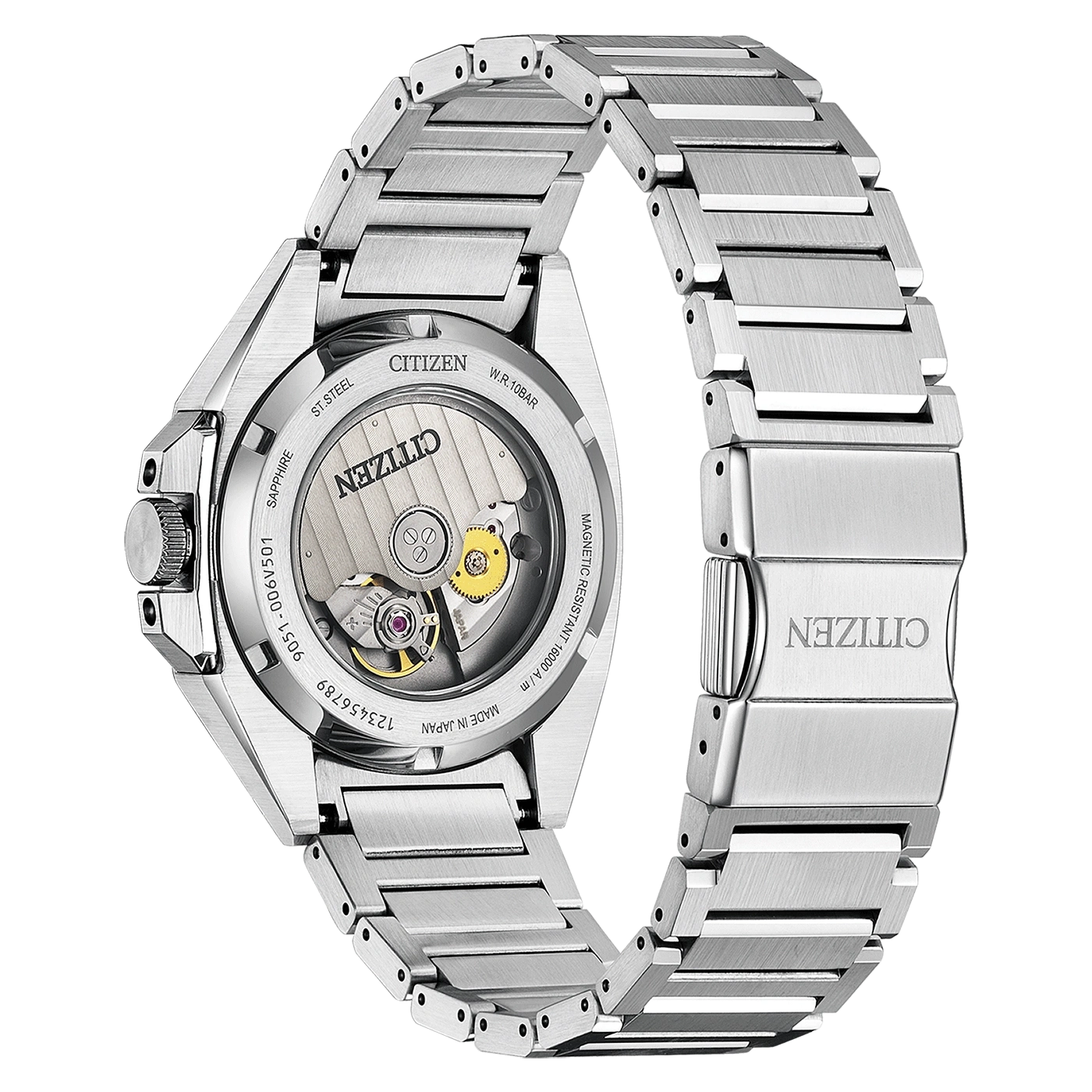Citizen horloge met roestvrijstalen band en transparante achterkant.