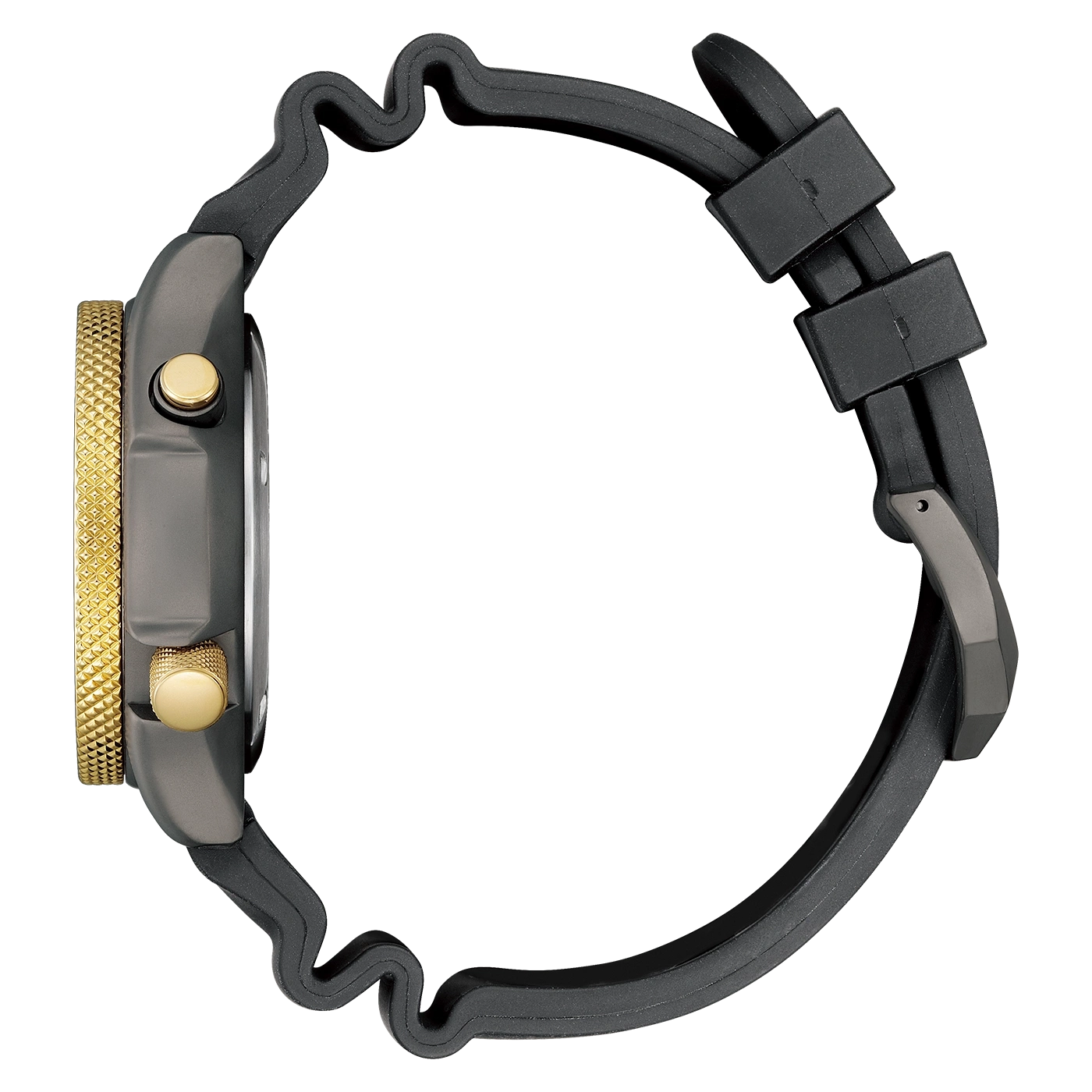Zijaanzicht van een zwart horloge met gouden accenten en een zwarte band.
