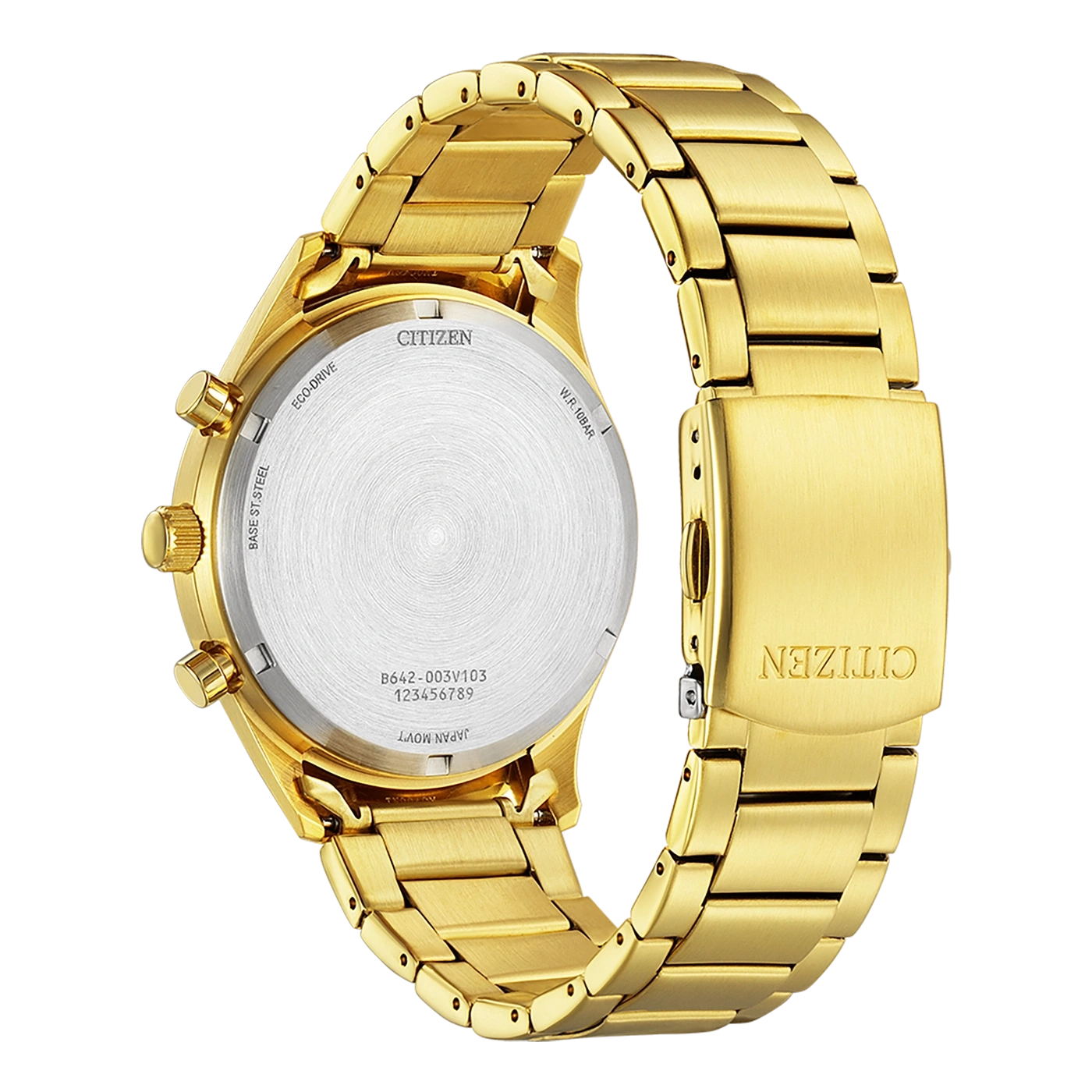 Gouden Citizen horloge achterkant, Eco-Drive, roestvrij staal, Japanse uurwerk, W.R. 10Bar