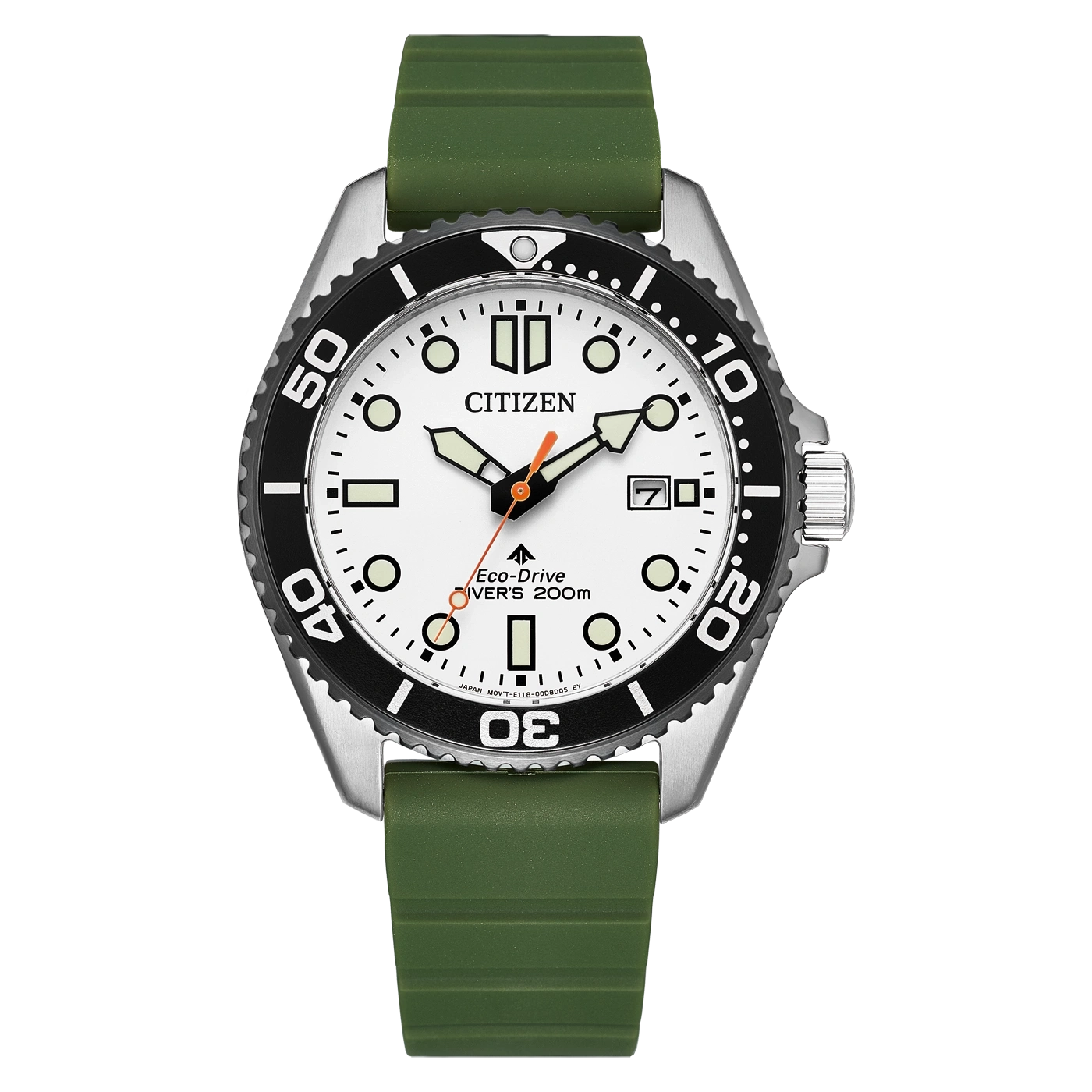 Een wit Citizen Eco-Drive duikhorloge met groene band.
