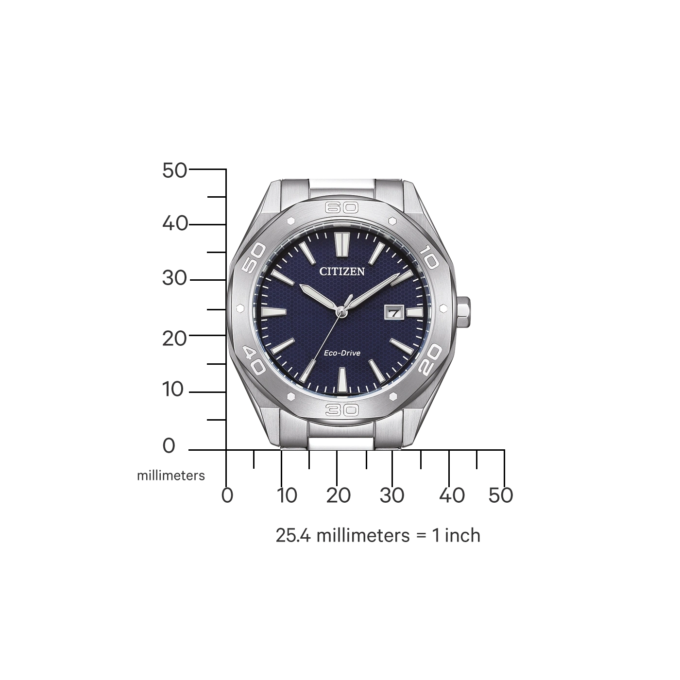 Citizen horloge met blauwe wijzerplaat, zilveren bezel en Eco-Drive technologie. Toont de tijd.