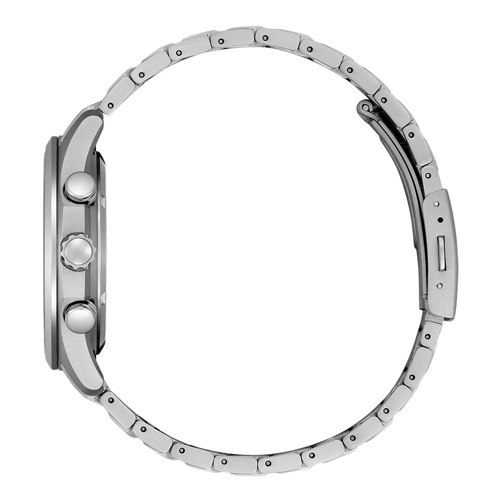 Zilveren horloge met metalen band, zijaanzicht, geïsoleerd op witte achtergrond.