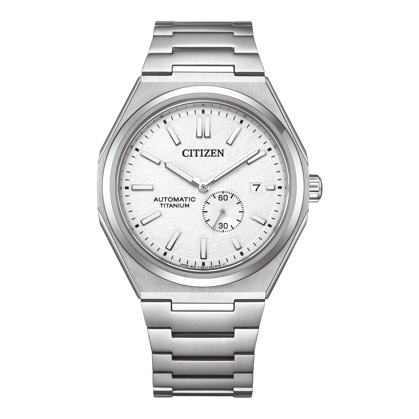 Citizen horloge met witte wijzerplaat, automatisch titanium en datumweergave.